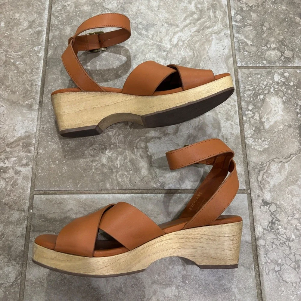 Everlane Leather Crossover Platform Sandal Brown Wood Wedge Ankle Strap sz 7.5 - Picture 7 of 11
